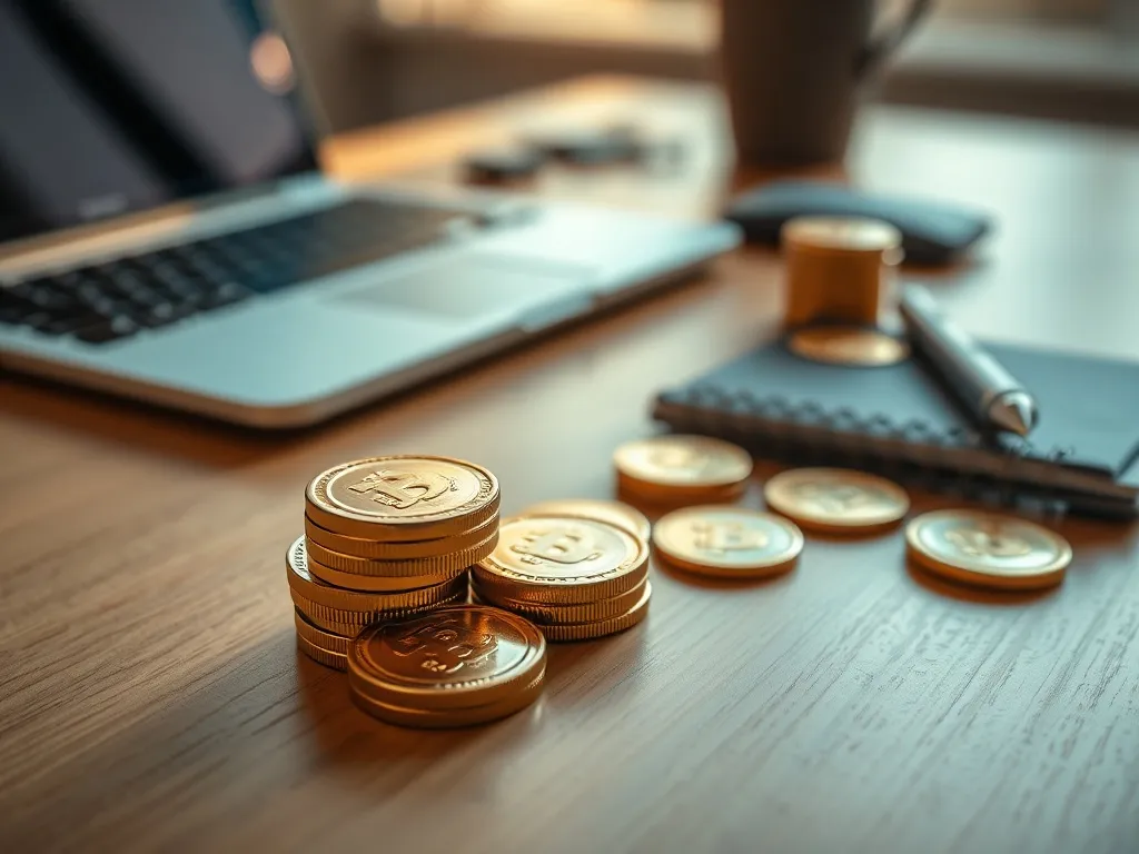 Złote monety na biurku obok laptopa i kalkulatora, podkreślające temat inwestowania w złoto i planowania finansowego.