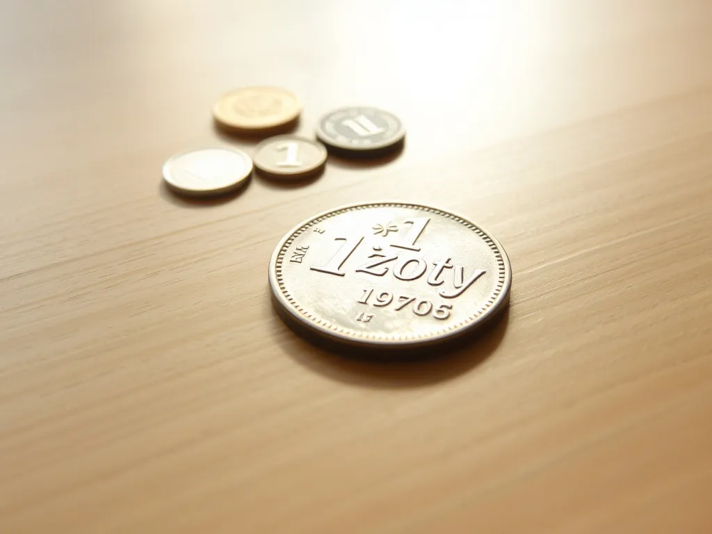 Moneta 1 złoty z PRL z lat 70. na drewnianym stole, w tle rozmyte stare monety, podkreślona faktura i ślady zużycia.