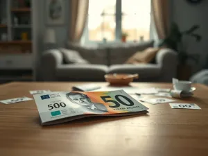 Zbliżenie na banknot 500 zł z widocznym portretem władcy, leżący na drewnianym stole w domowym otoczeniu.