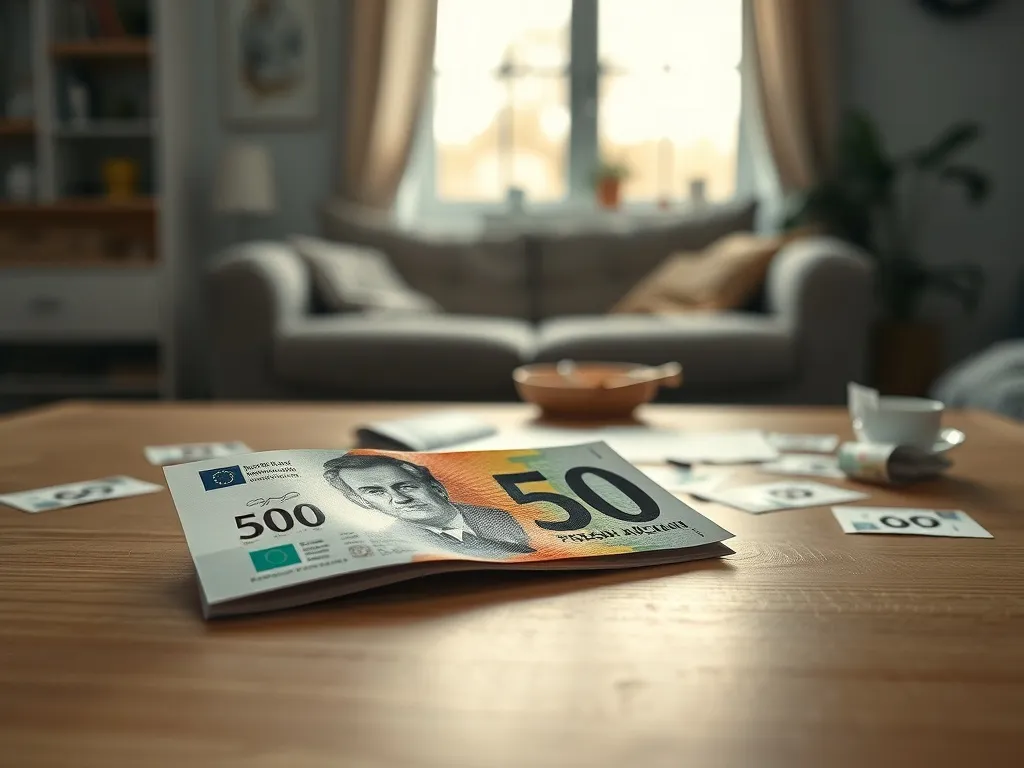 Zbliżenie na banknot 500 zł z widocznym portretem władcy, leżący na drewnianym stole w domowym otoczeniu.