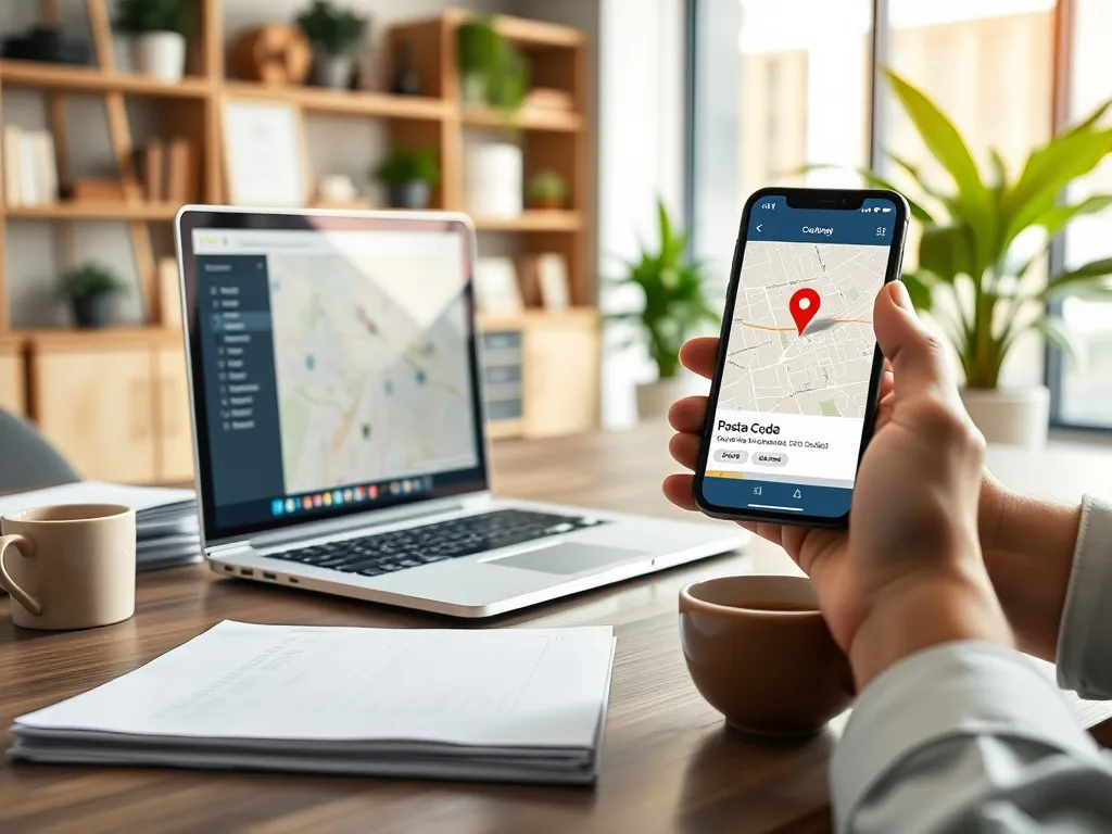 Osoba sprawdza na laptopie i smartfonie lokalizację urzędu skarbowego po kodzie pocztowym, w biurowym otoczeniu.