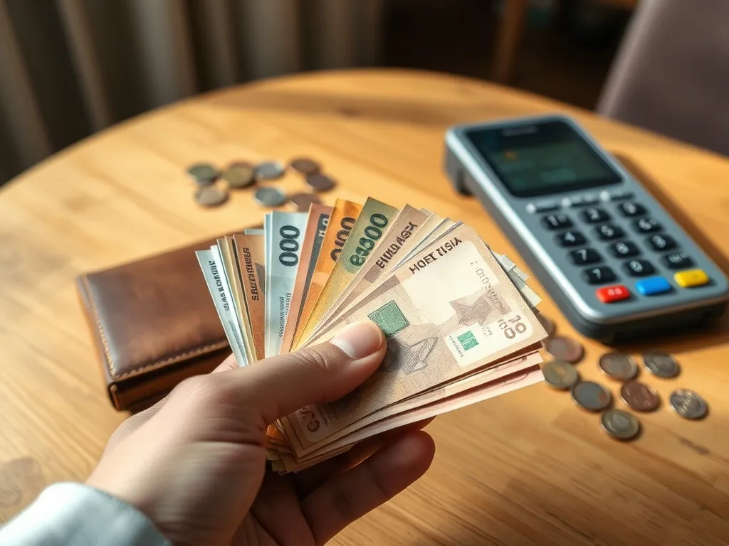 Dłoń trzyma zużyte, kolorowe banknoty przed terminalem płatniczym, sugerując sprawdzanie ich ważności przed zapłatą.