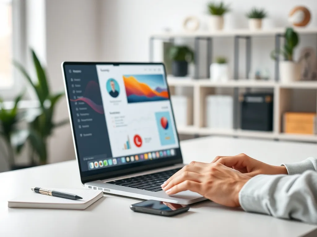 Osoba pracuje przy nowoczesnym biurku na laptopie z kolorowym pulpitem, symbolizując korzystanie z systemu CRM HubSpot.