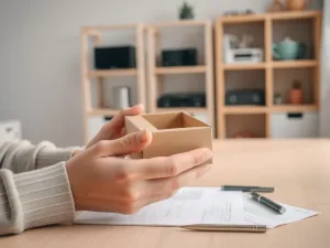 Osoba trzyma pudełko i dokument przy biurku, symbolizując proces reklamacji oraz różnicę między gwarancją a rękojmią.