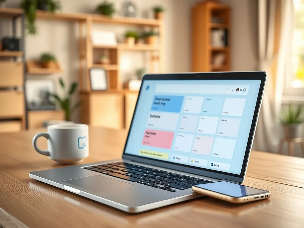Laptop i smartfon z otwartą kolorową tablicą Trello na biurku w jasnym, minimalistycznym domowym biurze.