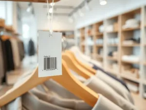 Metka z kodem kreskowym na złożonej odzieży w minimalistycznym sklepie, nawiązanie do ceny RRP i wyceny produktu.