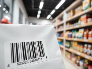 Zbliżenie kodu kreskowego EAN na białym opakowaniu, w tle rozmyte sklepowe półki z kolorowymi produktami.
