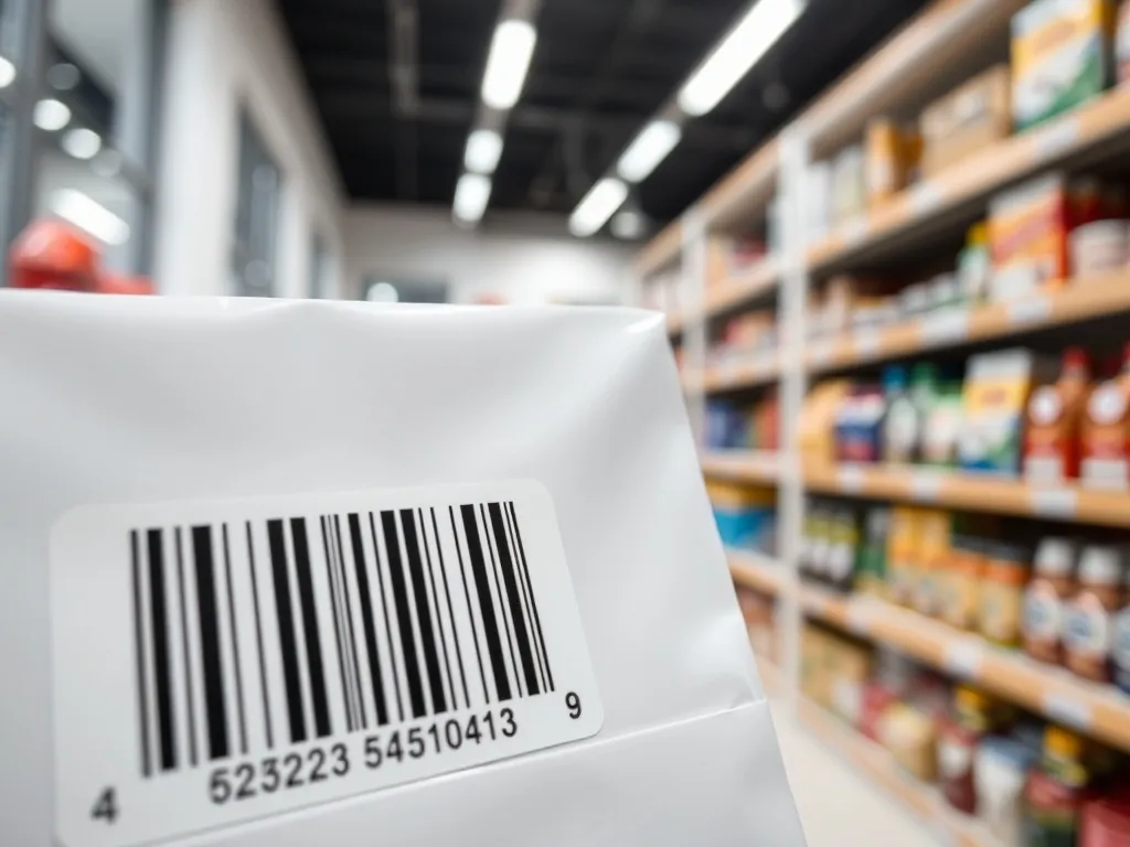 Zbliżenie kodu kreskowego EAN na białym opakowaniu, w tle rozmyte sklepowe półki z kolorowymi produktami.