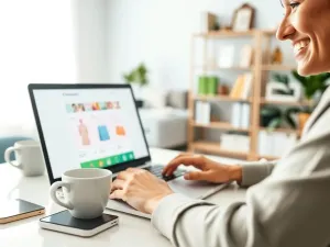Osoba robi zakupy online na laptopie w spokojnym, dobrze oświetlonym wnętrzu, symbolizując bezpieczne decyzje konsumenckie.