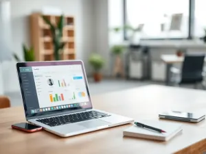 Laptop z otwartym, kolorowym panelem CRM Pipedrive na biurku w nowoczesnym, jasnym biurze, obok telefonu i notesu.