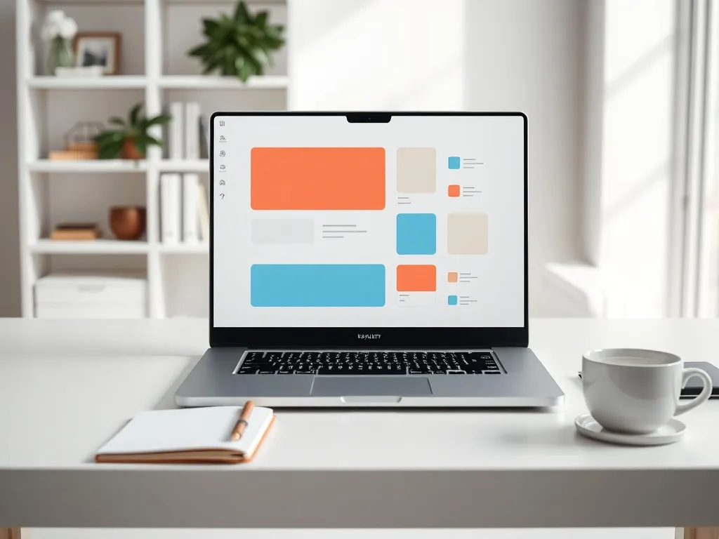 Laptop z kolorowymi prostokątami na ekranie symbolizuje uporządkowane zadania w ClickUp na minimalistycznym biurku.