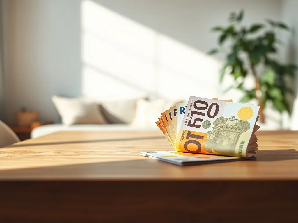 Różnokolorowe banknoty euro rozłożone wachlarzem na drewnianym stole, w tle rozmyte, przytulne wnętrze domu.