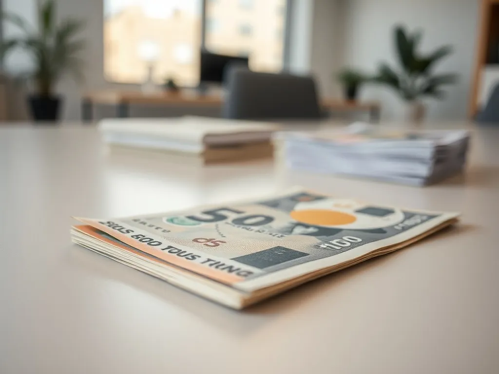 Zbliżenie nowoczesnego banknotu ukazujące strukturę materiału, ostre krawędzie i detale zabezpieczeń na tle biura.