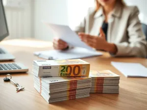 Dwie kupki euro z kluczem i kalkulatorem, w tle osoba przeglądająca dokumenty – wybór między zaliczką a zadatkiem.