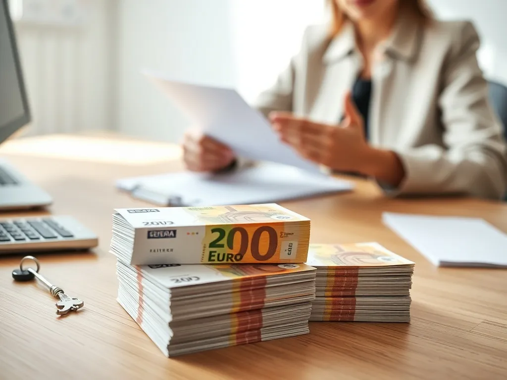 Dwie kupki euro z kluczem i kalkulatorem, w tle osoba przeglądająca dokumenty – wybór między zaliczką a zadatkiem.
