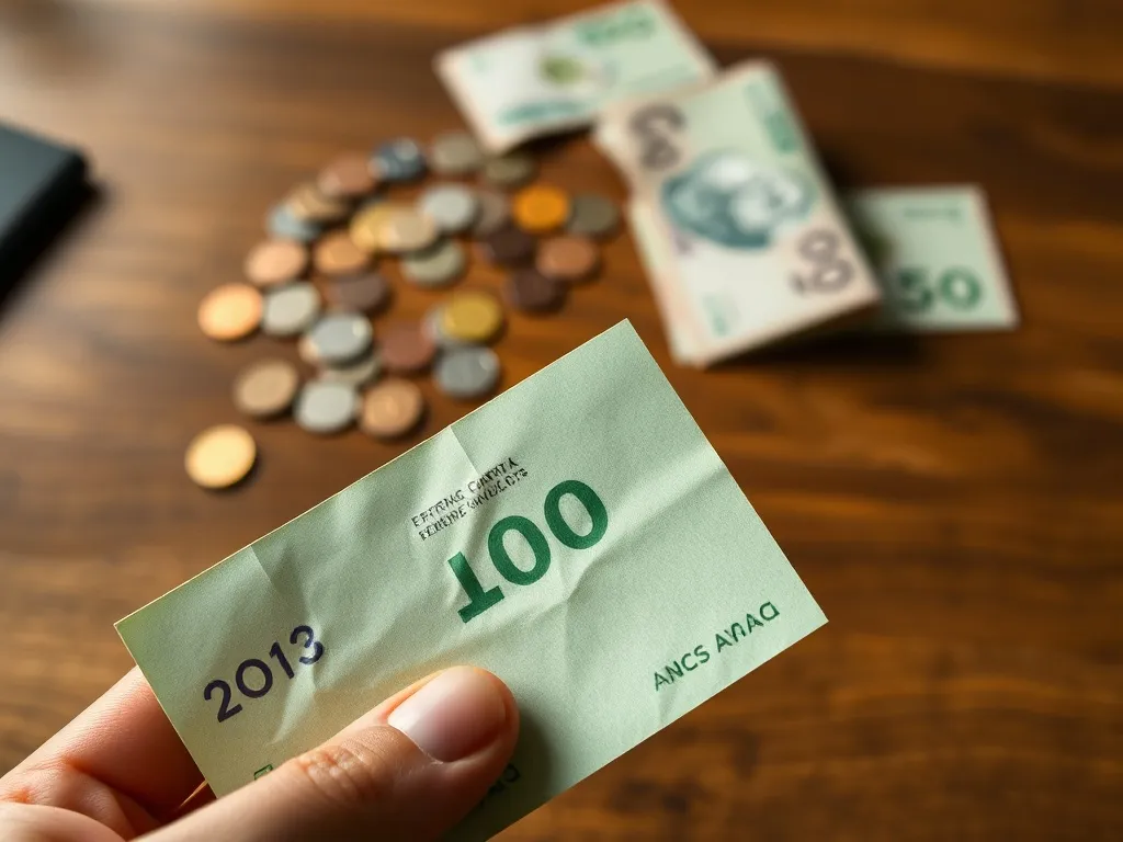 Dłoń trzyma zielony banknot nad rozmytym stołem z monetami, ilustrując temat banknotu 100 zł i tego, kto na nim widnieje.