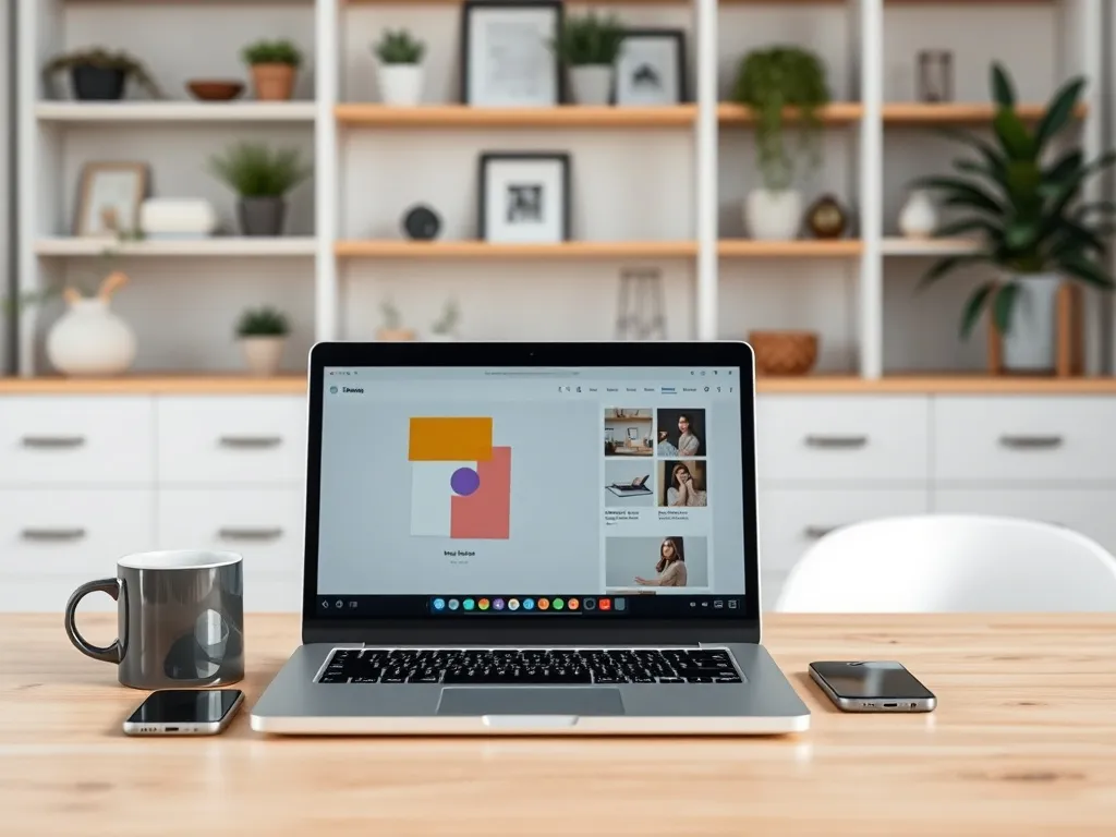 Otwarty laptop z kolorowym projektem graficznym w Canva na jasnym biurku w nowoczesnym, minimalistycznym home office.