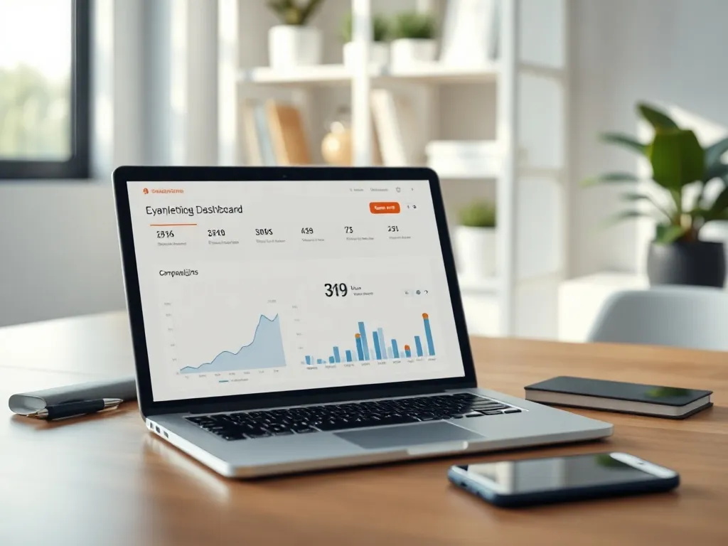Laptop z panelem GetResponse do email marketingu na biurku, obok notatnik i smartfon w nowoczesnym, jasnym biurze.