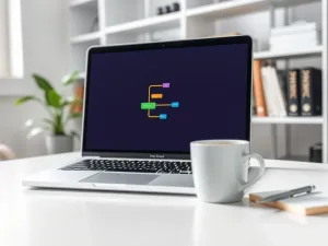 Laptop z uproszczonym, kolorowym drzewem XML na ekranie, na biurku obok notatnik i kawa, w nowoczesnym biurze.
