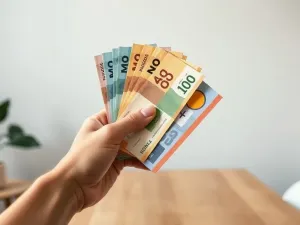 Dłoń trzyma wachlarz kolorowych pionowych banknotów z różnych krajów, podkreślając nowoczesny design pieniędzy.