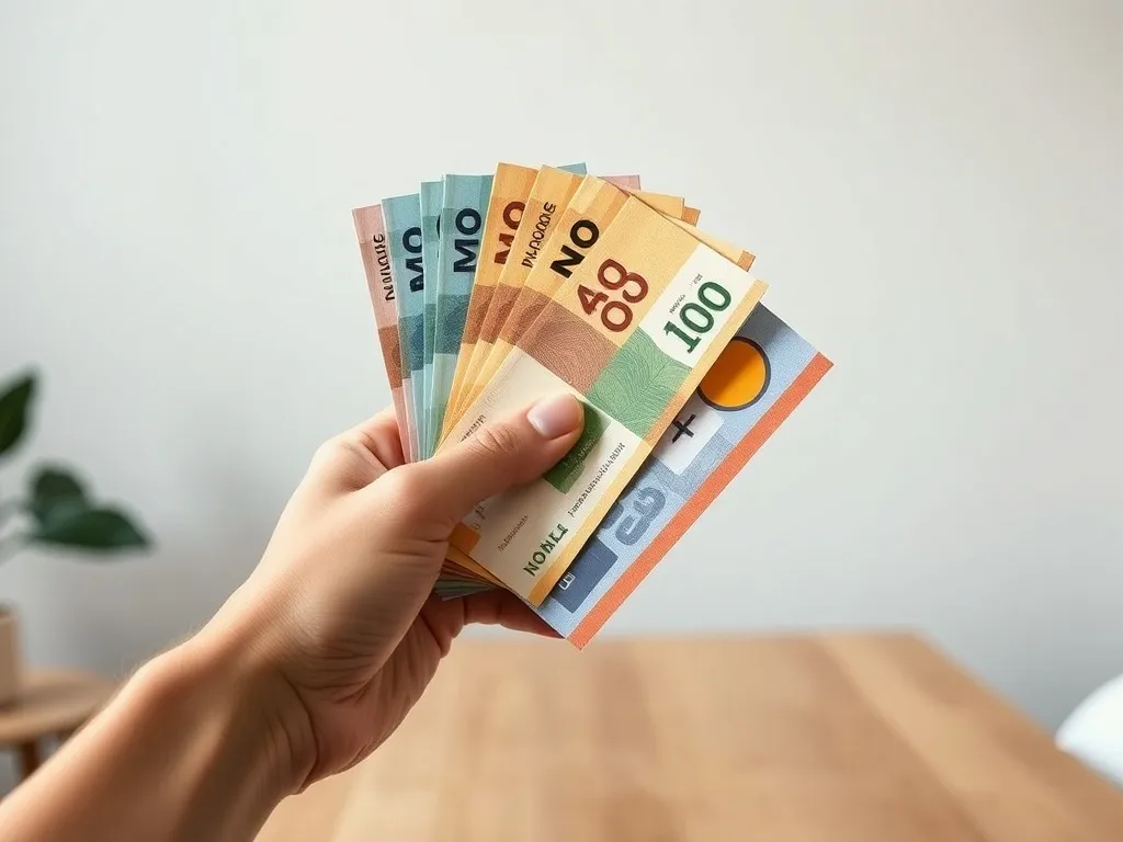Dłoń trzyma wachlarz kolorowych pionowych banknotów z różnych krajów, podkreślając nowoczesny design pieniędzy.