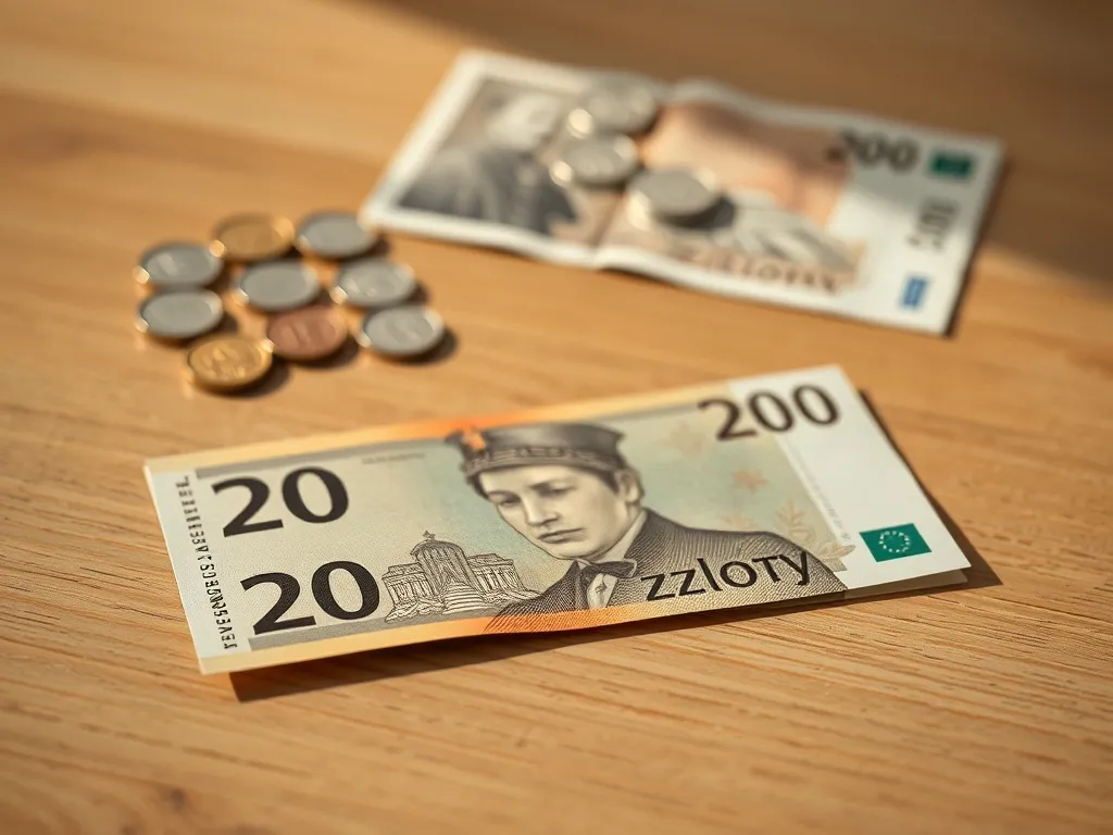 Zbliżenie banknotu 200 zł z widocznym portretem władcy, w tle rozmyte monety i drugi banknot na drewnianym stole.