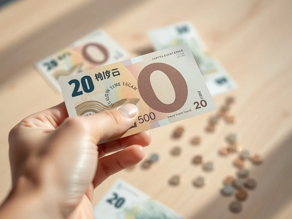 Dłoń trzyma nieostry banknot 20 zł na tle rozrzuconych monet i banknotów, ilustracja ogólnego wyglądu nominału.