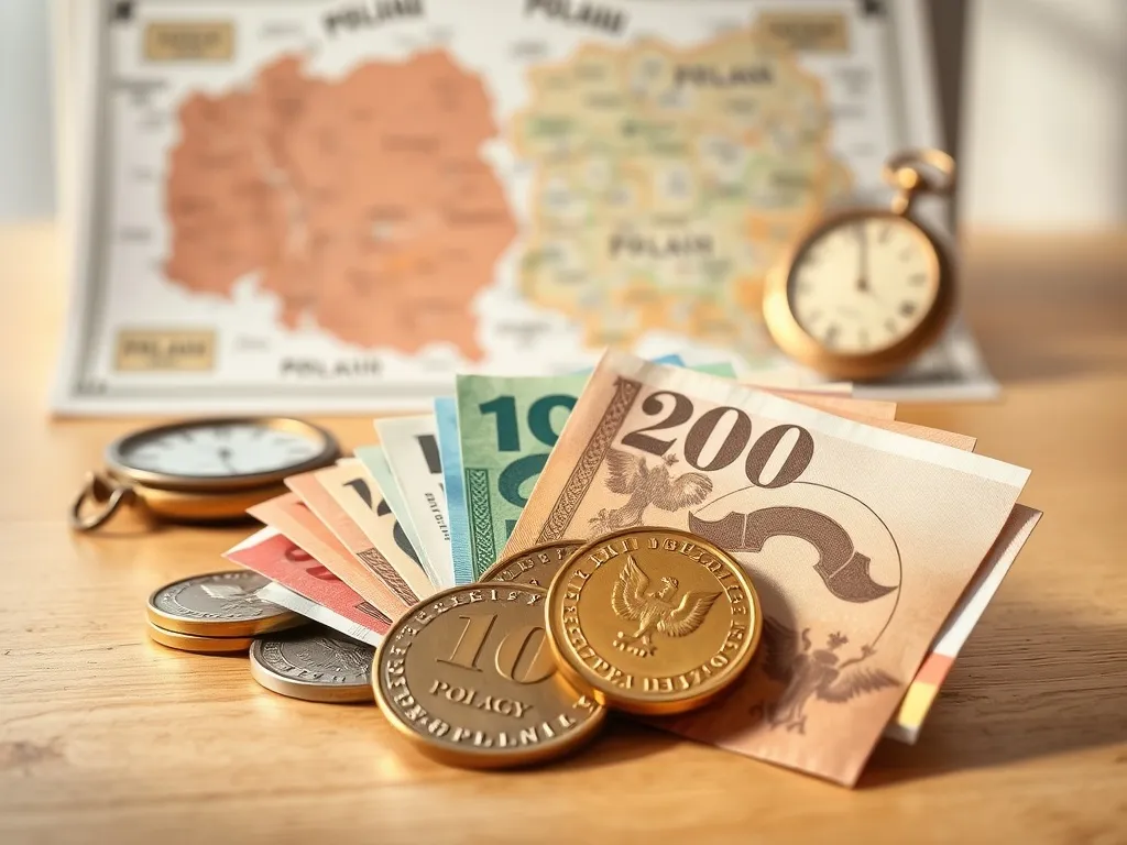 Monety i banknoty złotego na tle starej mapy Polski i zegarka, symbolizujące historię i zmiany polskiej waluty.