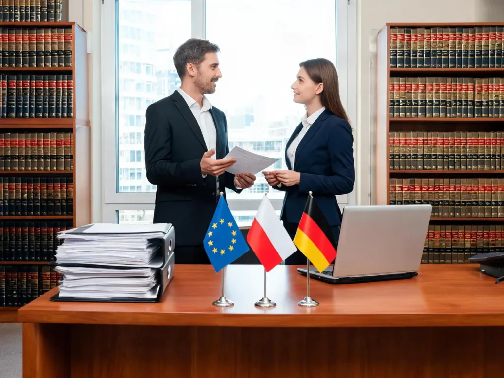Dwujęzyczni prawnicy w nowoczesnej kancelarii z flagami Polski, Niemiec i UE, omawiający wspólną strategię prawną.