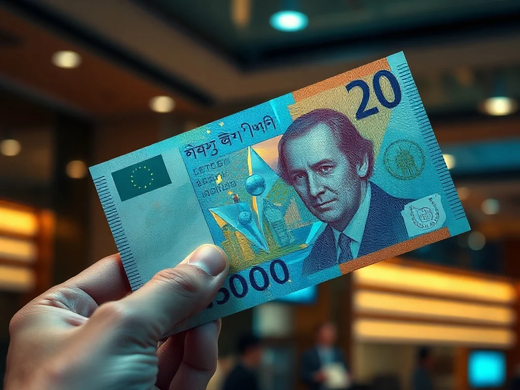 Zbliżenie na nowoczesny banknot polimerowy z widocznymi elementami holograficznymi i półprzezroczystą strukturą.