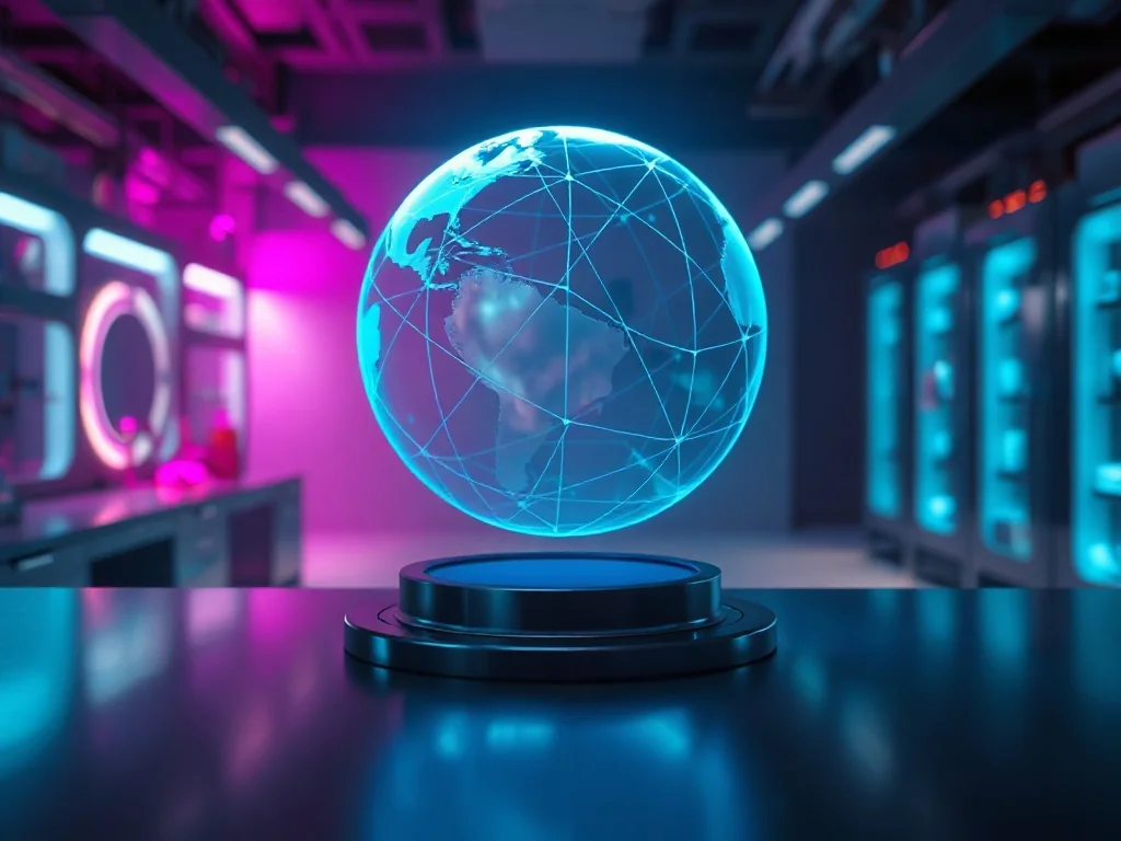 Świetlisty, trójwymiarowy hologram globu unoszący się nad nowoczesną powierzchnią w zaawansowanym laboratorium technologicznym.