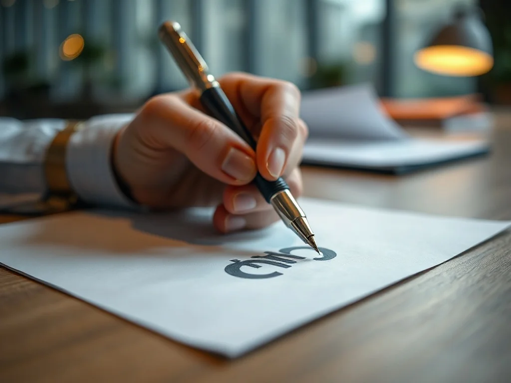 Dłoń trzymająca pióro wieczne nad kartką papieru z wytłoczonym symbolem waluty, podkreślająca elegancję finansów.