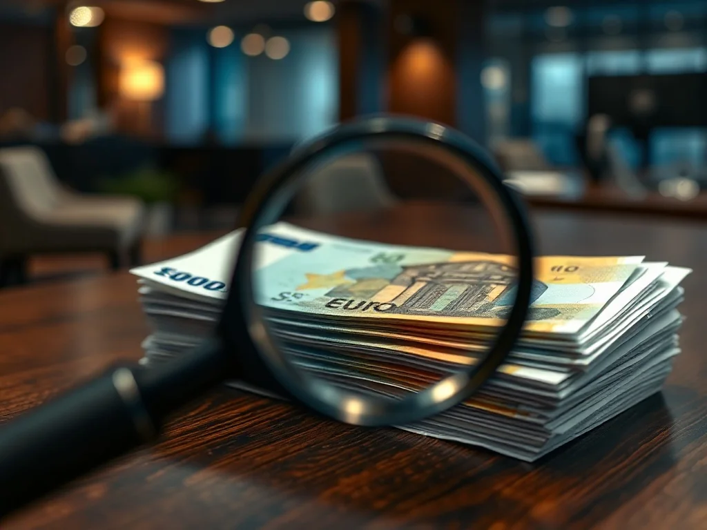 Lupa powiększająca numer seryjny i zabezpieczenia na stosie banknotów euro leżących na drewnianym biurku.