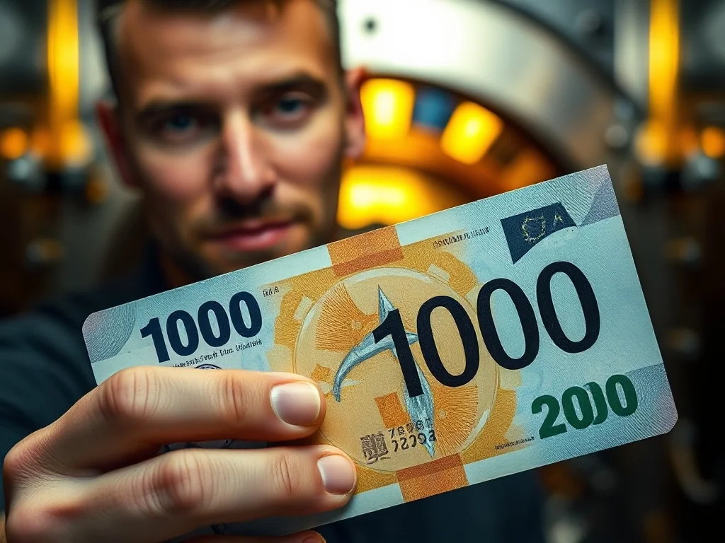 Zbliżenie na unikalny numer seryjny banknotu trzymanego w dłoniach na tle nowoczesnego skarbca.