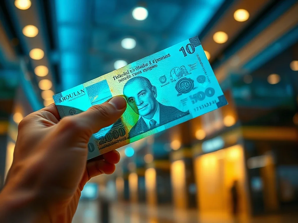 Dłoń trzymająca banknot w świetle UV, ukazująca świecące zabezpieczenia i znaki wodne w celu weryfikacji autentyczności.