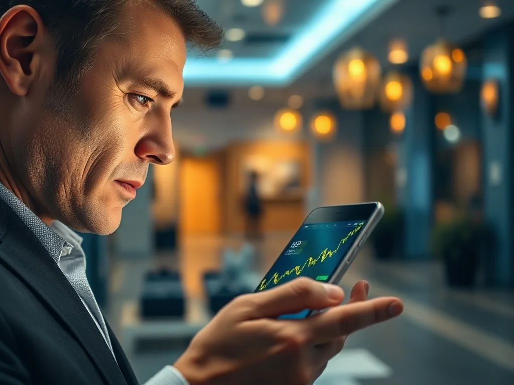 Mężczyzna sprawdzający aktualne notowania walut na ekranie smartfona w nowoczesnym biurze.