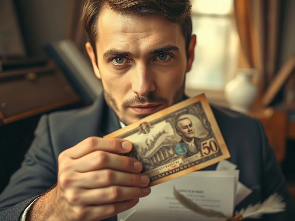Mężczyzna trzymający w dłoniach zabytkowy banknot na tle biurka z piórem i dawnymi monetami, symbolizujący historię pieniądza.