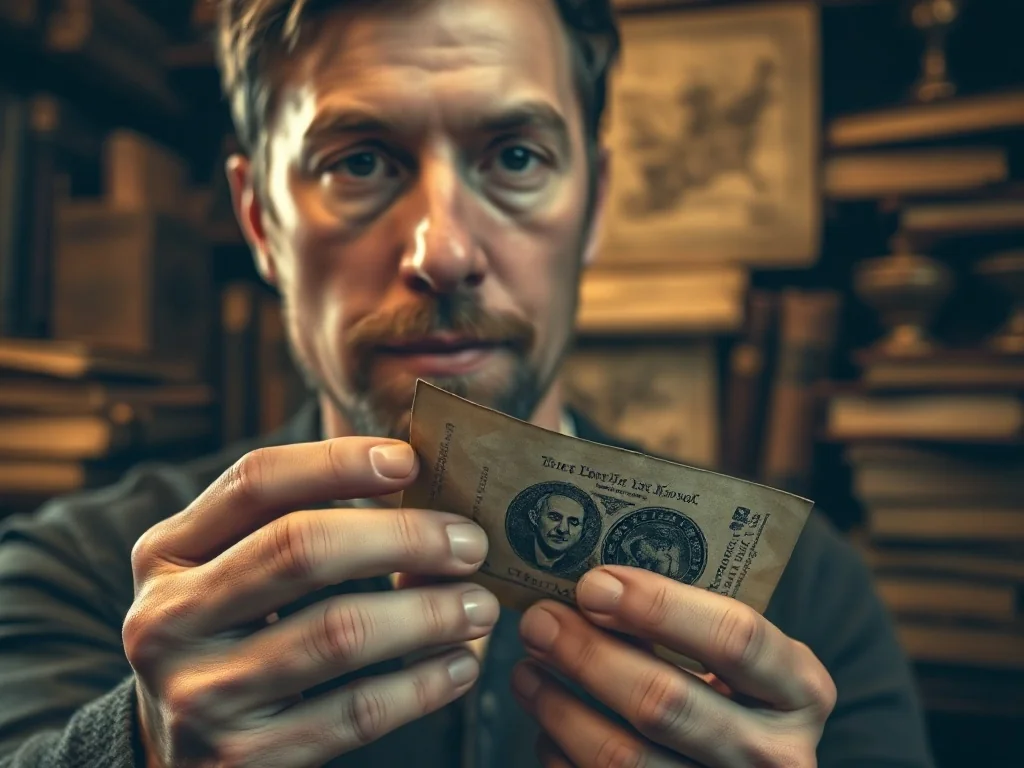Mężczyzna trzyma w dłoniach zabytkowy banknot, ukazując jego szczegółową fakturę w klimacie dawnego gabinetu numizmatyka.